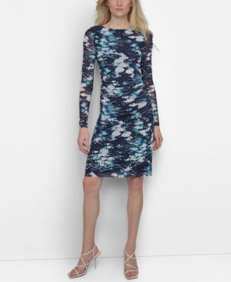 DKNY - Women's Printed Mesh Long-Sleeve Bodycon Dress