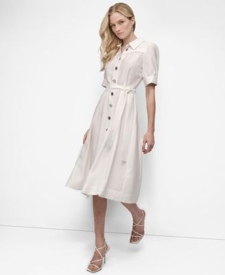 DKNY - Women's Elbow-Sleeve Belted Midi Shirtdress