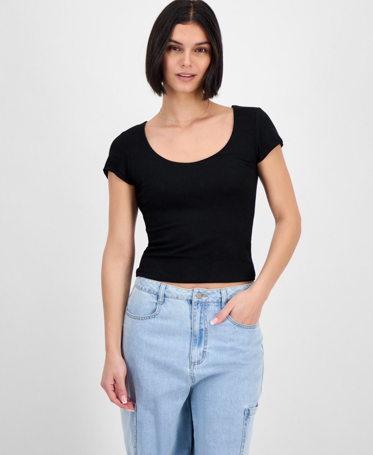 Juniors' Scoop-Neck Layered T-Shirt, Pack of 2 - Black/Bright White Pack