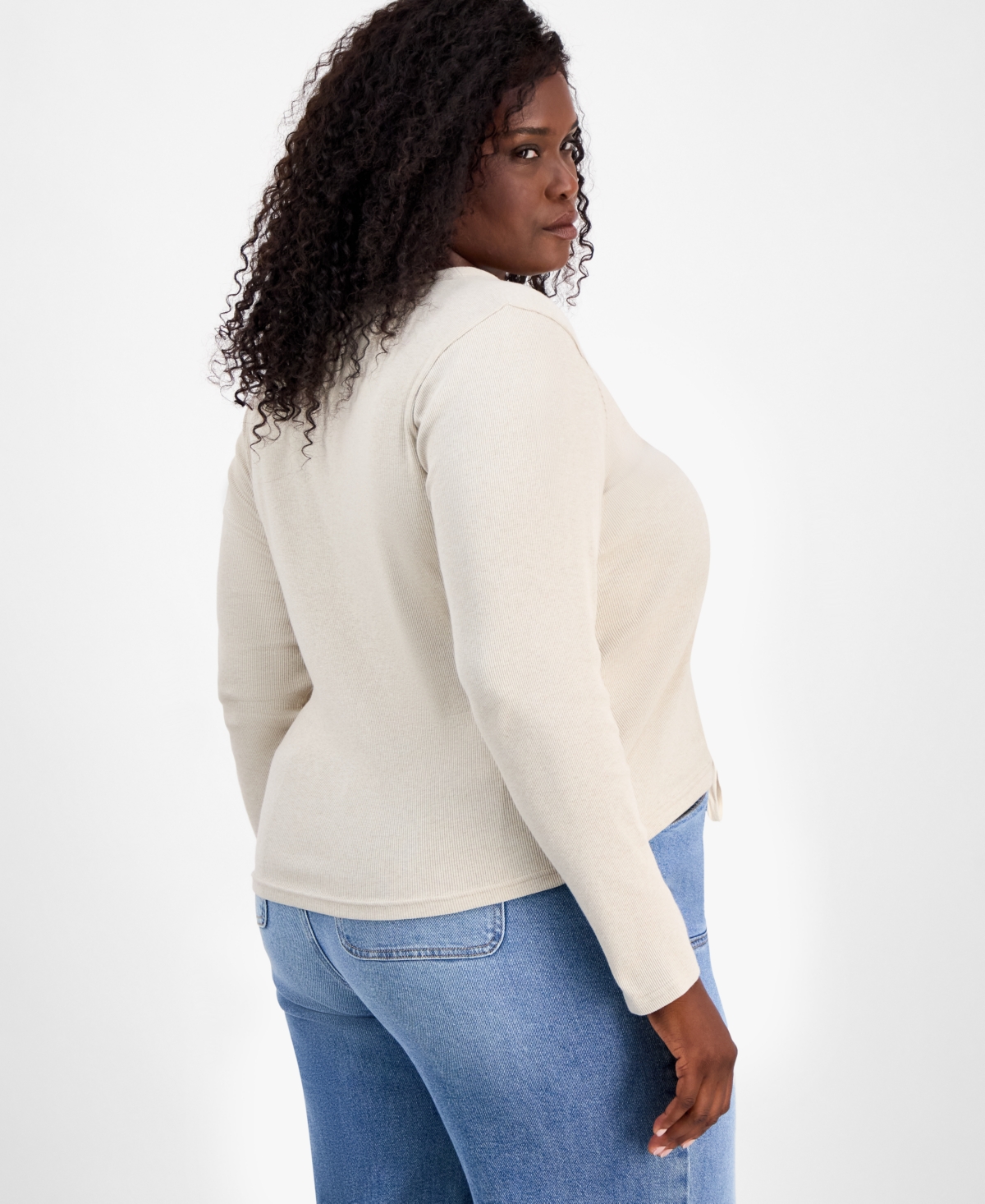 On 34th Trendy Plus Size V-neck Henley Shirt, Macy's Exclusive In Neutral