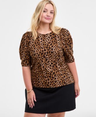 On 34th - Trendy Plus Printed Ruched Puff-Sleeve Crewneck Top
