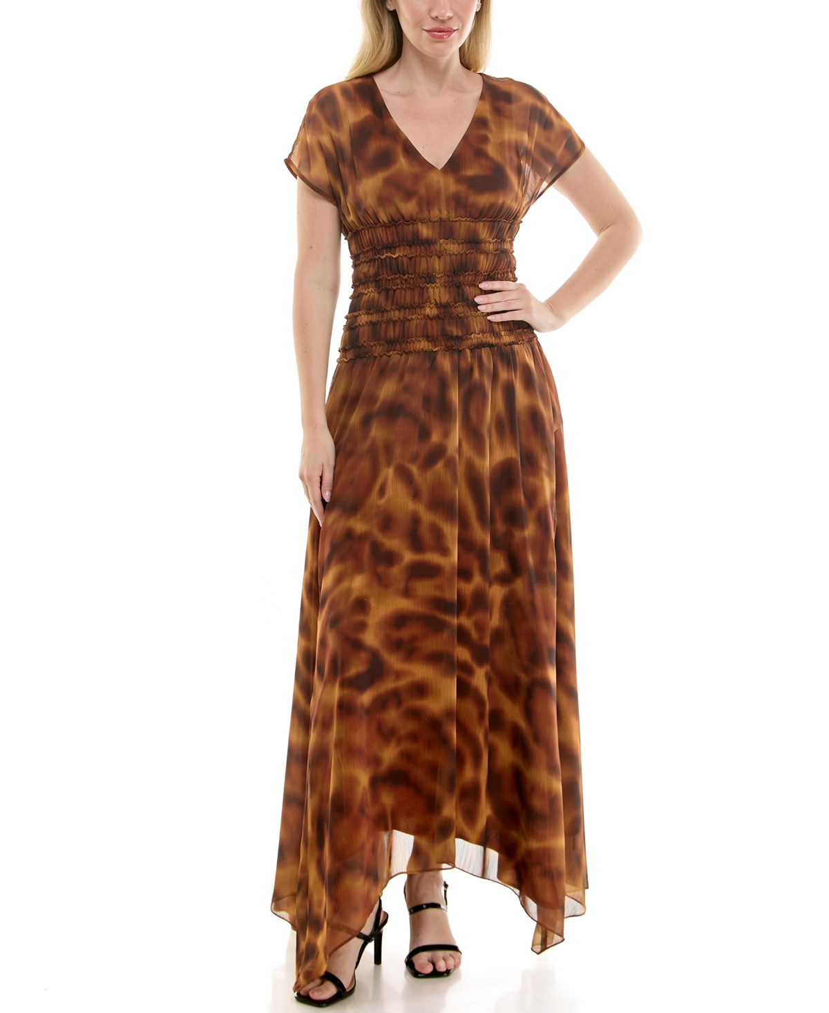 Women's Printed Chiffon Smocked-Waist Handkerchief Hem Dress - Mocha Russet