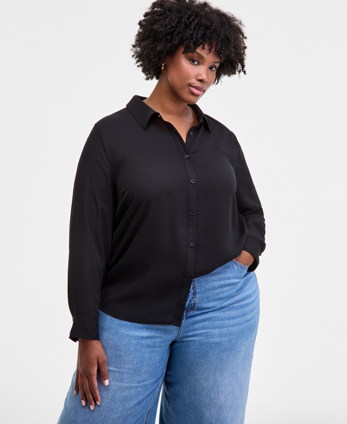 On 34th Trendy Plus Solid Button-Front Collared Blouse, Macy's Exclusive