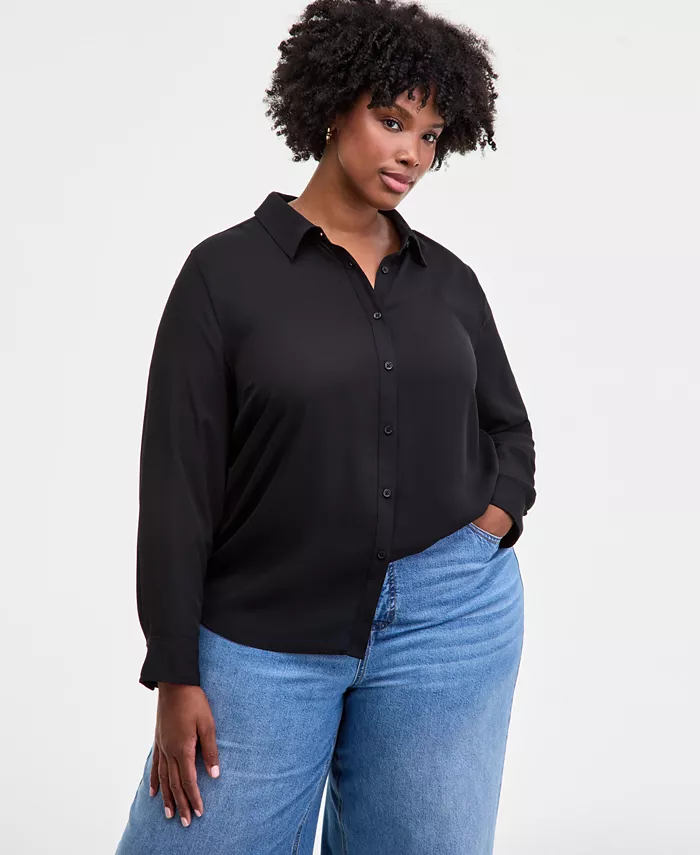 Trendy Plus Solid Button-Front Collared Blouse