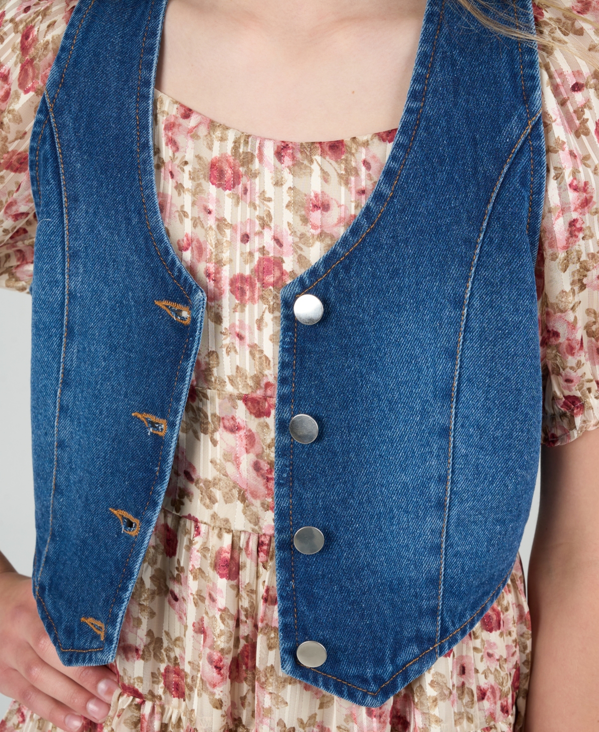 Rare Editions Big Girls 2-piece Lurex Chiffon With Denim Vest And Dress Set In Brown