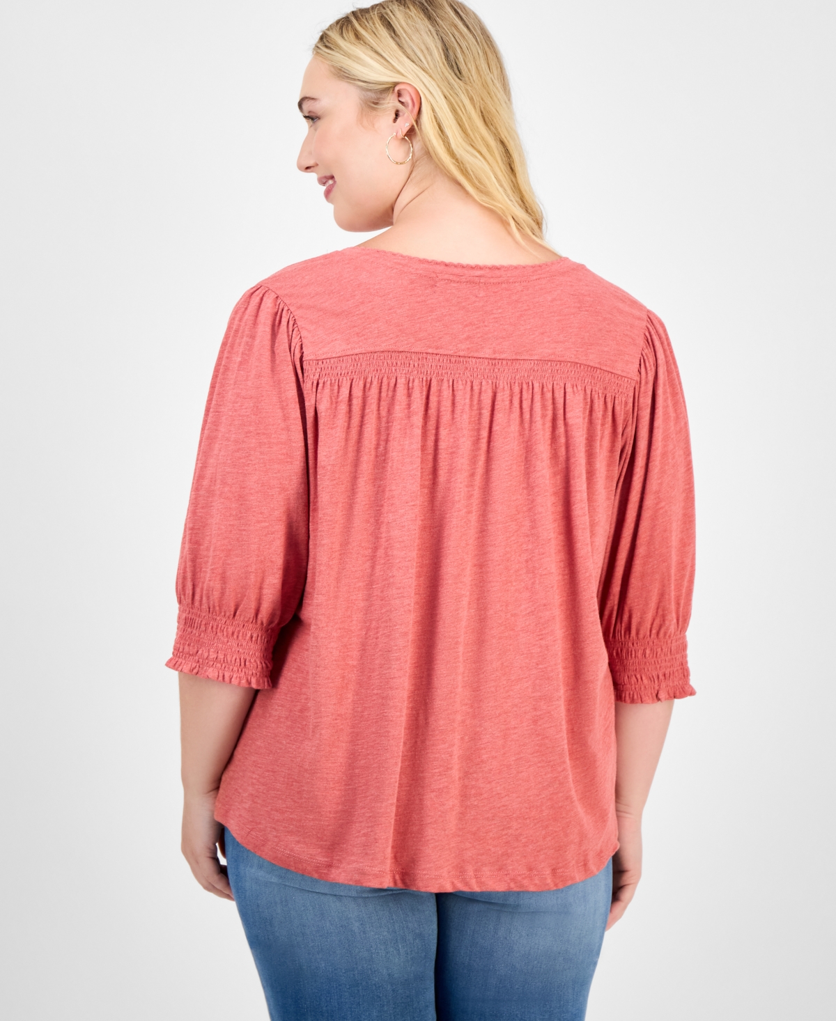 Democracy Trendy Plus Elbow-sleeve Smocked-cuff Blouse In Pink