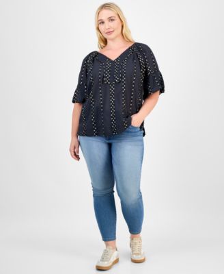 Democracy - Trendy Plus Cotton Floral-Trim Bubble-Sleeve Blouse