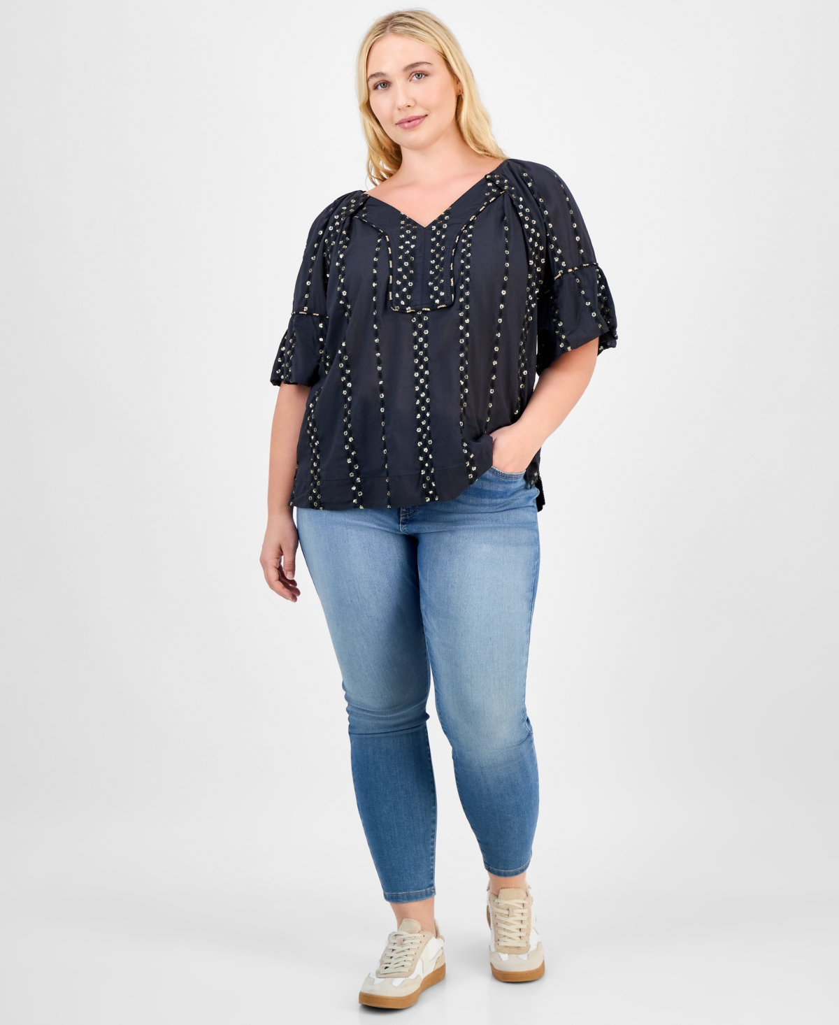 Democracy Trendy Plus Cotton Floral-trim Bubble-sleeve Blouse In Black