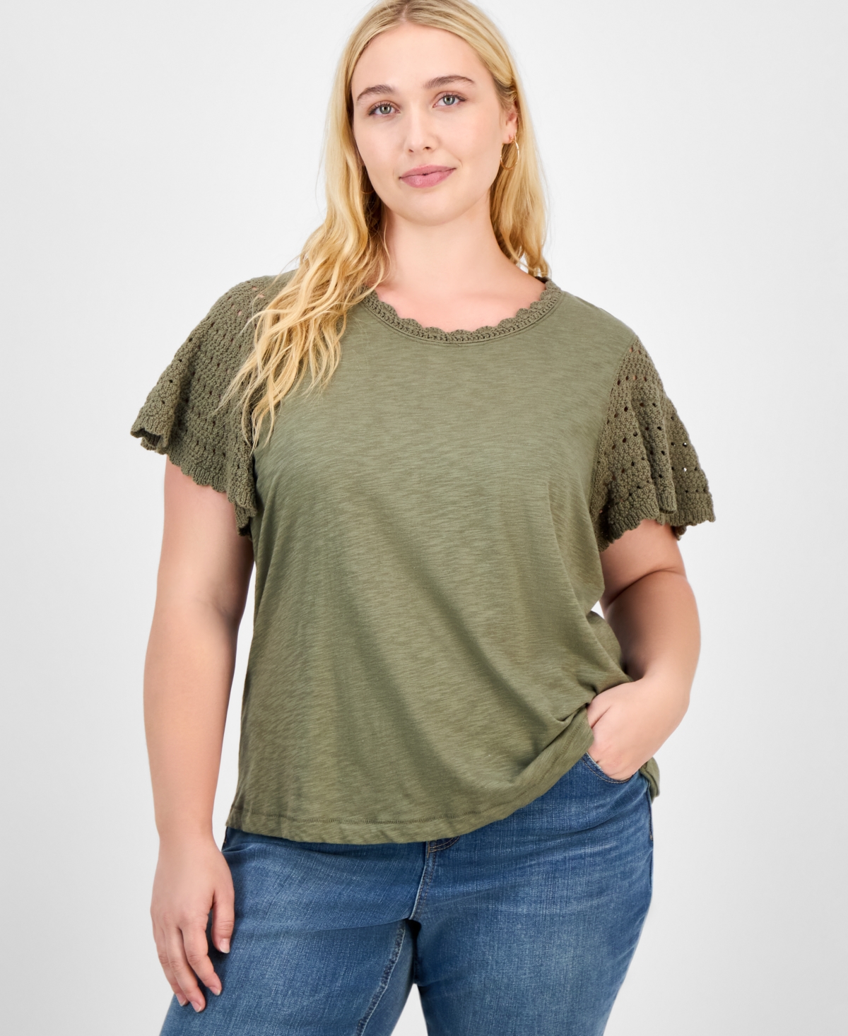 Democracy Trendy Plus Crochet Flutter-sleeve Top In Green