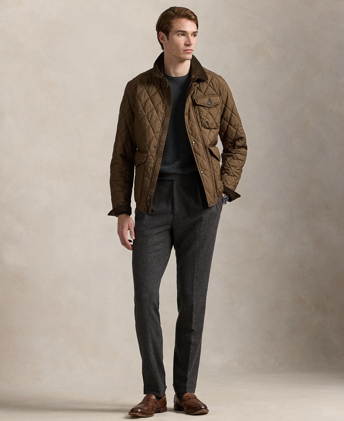 Polo Ralph Lauren Corduroy-trimmed Padded Quilted Shell Field Jacket In Brown