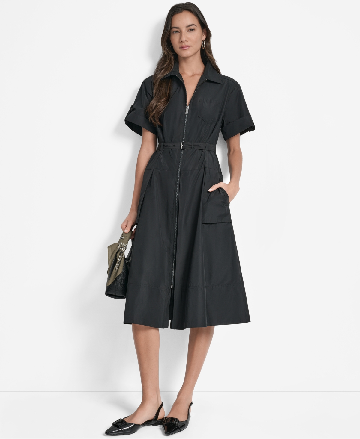 Dkny Zip Front Cargo Dress In Black
