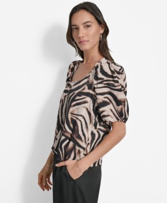 Women's Printed Satin Puff-Sleeve Zipper Top