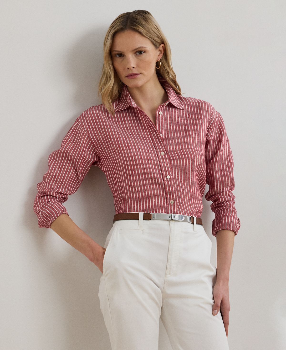 Petite Relaxed-Fit Striped Linen Shirt - Light Red/White