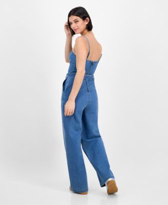 Juniors' Sweetheart-Neck Sleeveless Denim Jumpsuit