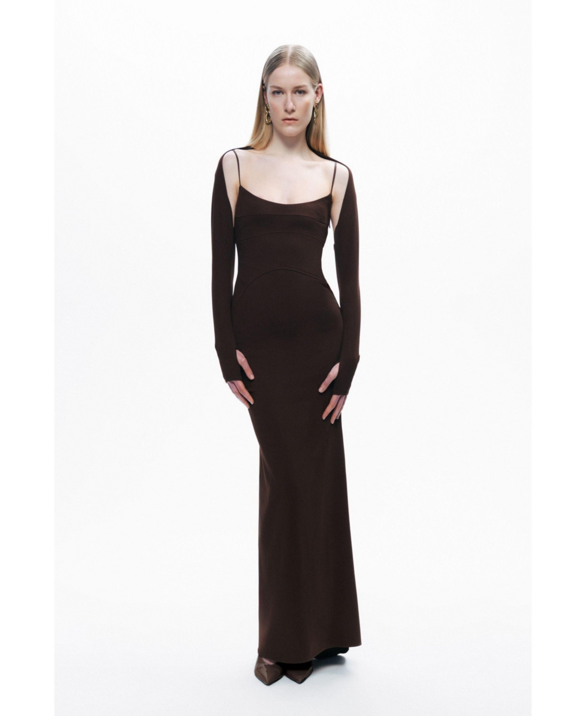 Women's Maxi Dress with Glove Accessory - Dark brown