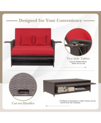 Rattan Loveseat Set Daybed Lounge w/ Storage Ottoman Side Tables Adjust Patio