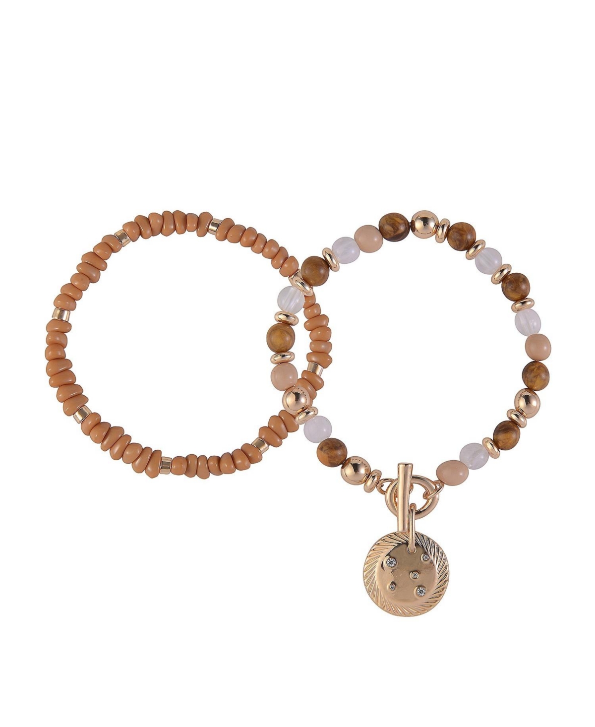 Gold Tone and Brown Beaded 2pc Bracelet Set - Brown
