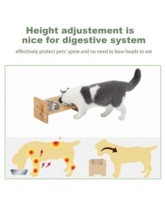   Adjustable Dual Cat Bowl Bamboo Elevated Stand Steel Pet Feeder Bowls