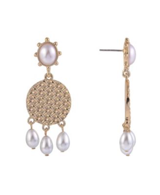 Gold Tone Drop Earrings with Pearl Accents