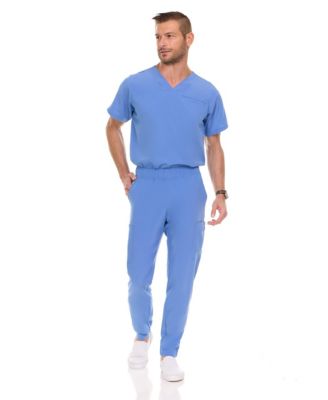 Men's Men Scrubs Set - Stretch V-Neck Scrub Top with 7-Pocket Pants Workwear Wine Large