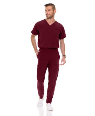 Men's Men Scrubs Set - Stretch V-Neck Scrub Top with 7-Pocket Pants Workwear Wine Large