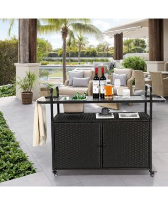 Wicker Bar Cart with Steel Top, Ice Bucket & Lockable Wheels