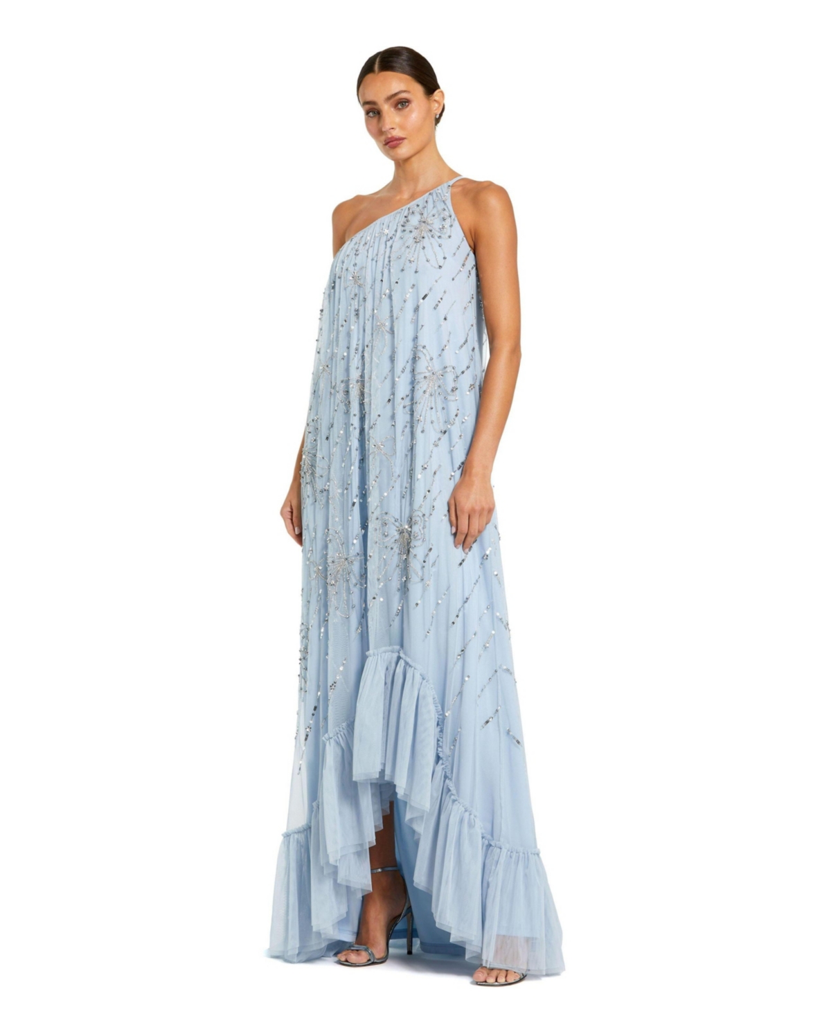 Women's Bow Embellished Mesh One Shoulder High Low Gown - Powder blue