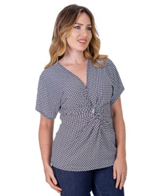 Petite V-Neck Geometric Print Front Kimono Sleeve Top