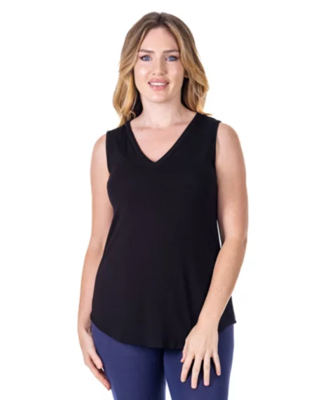 Petite V-Neck Tunic Tank Top with Round Hemline - Black