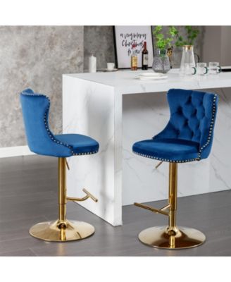 Modern Blue Velvet Bar Stools, Set of 2