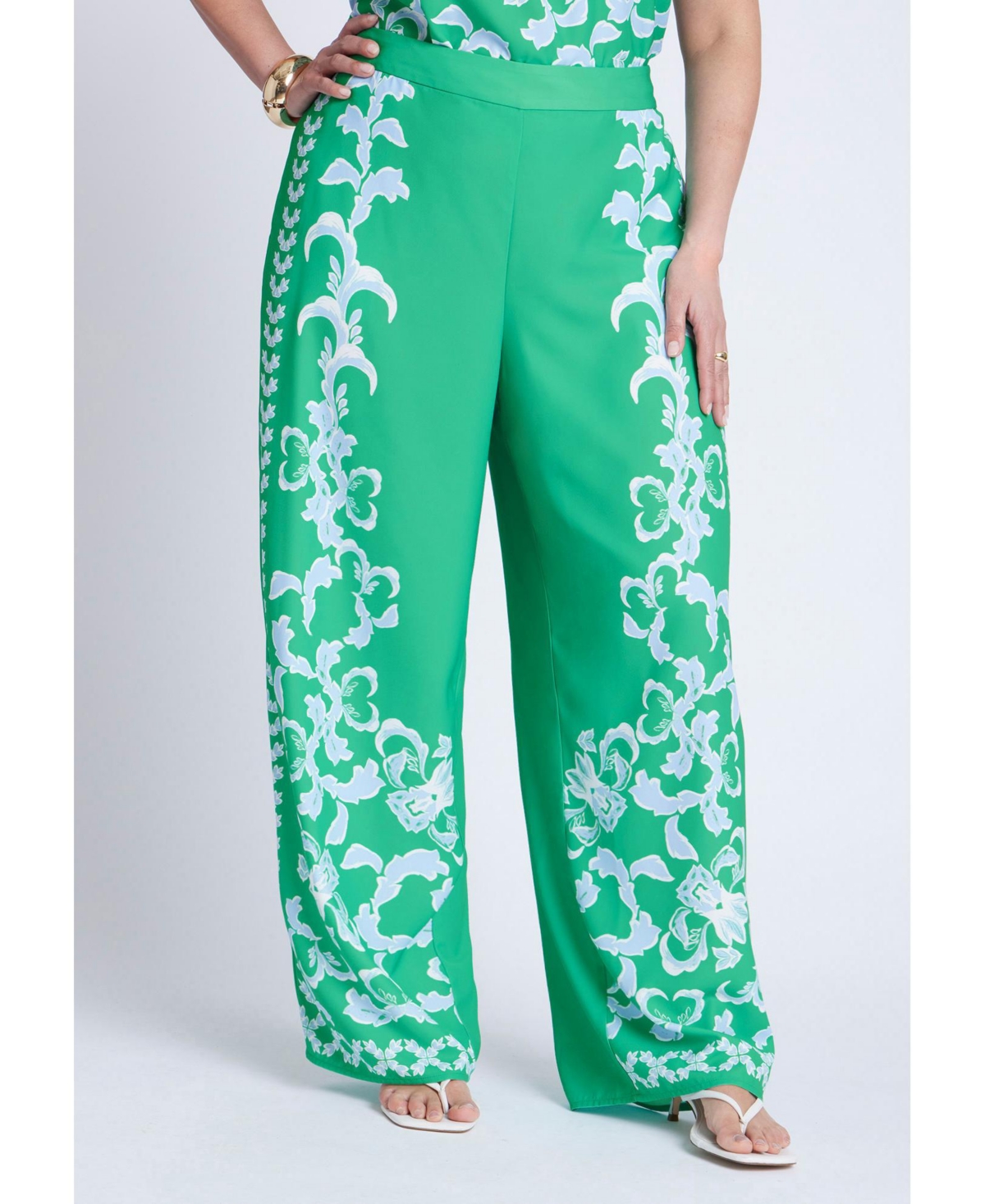 Plus Size Placed Print Pull On Pant - Seaside garden