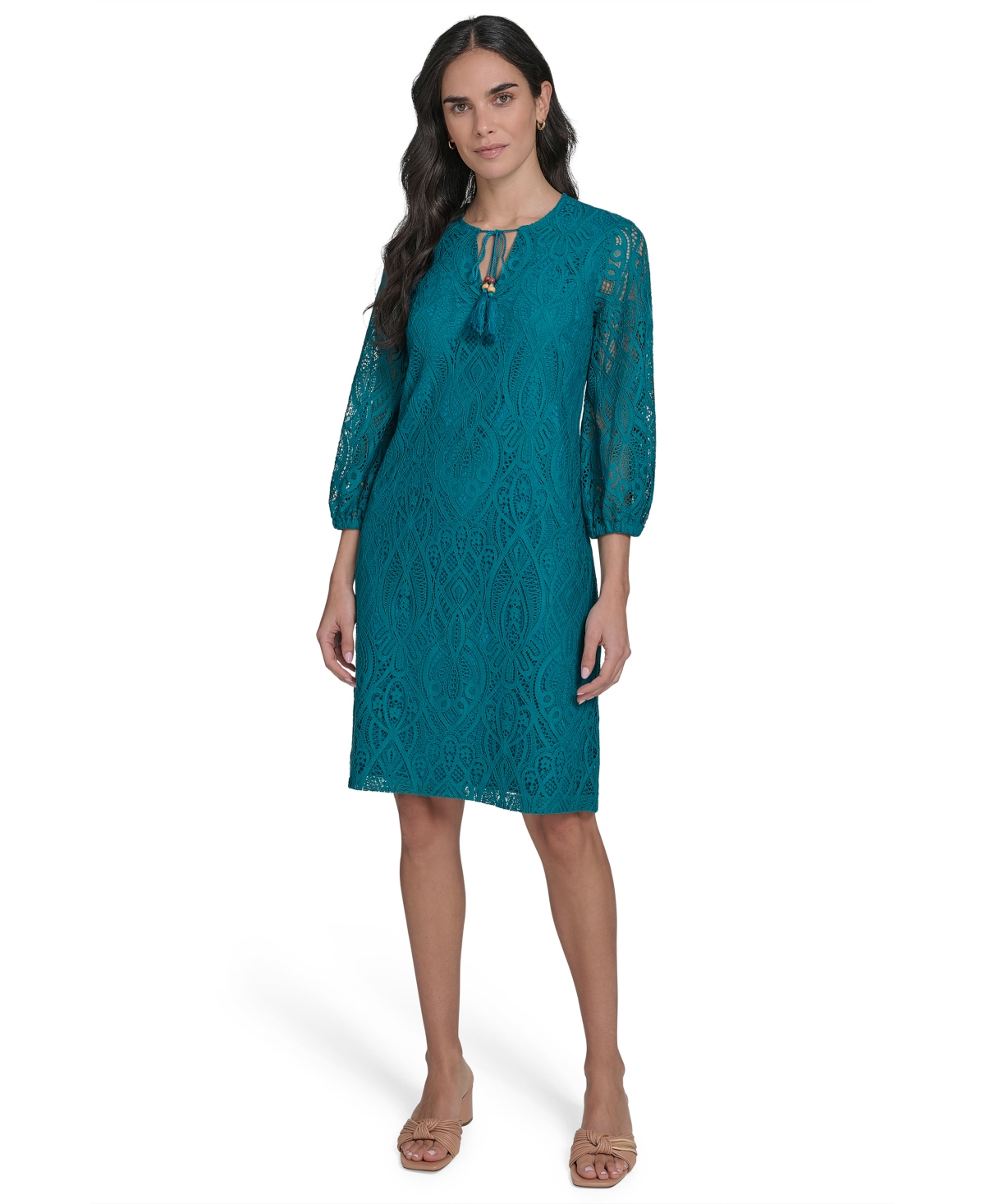 Petite 3/4-Sleeve Lace Shift Dress - Teal