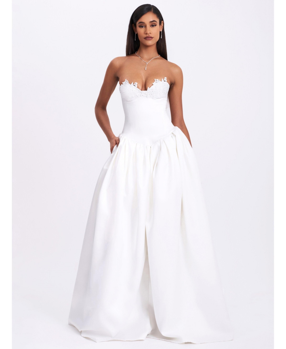Women's Naila Lace Trim Strapless Drop Waist Wedding Gown - White