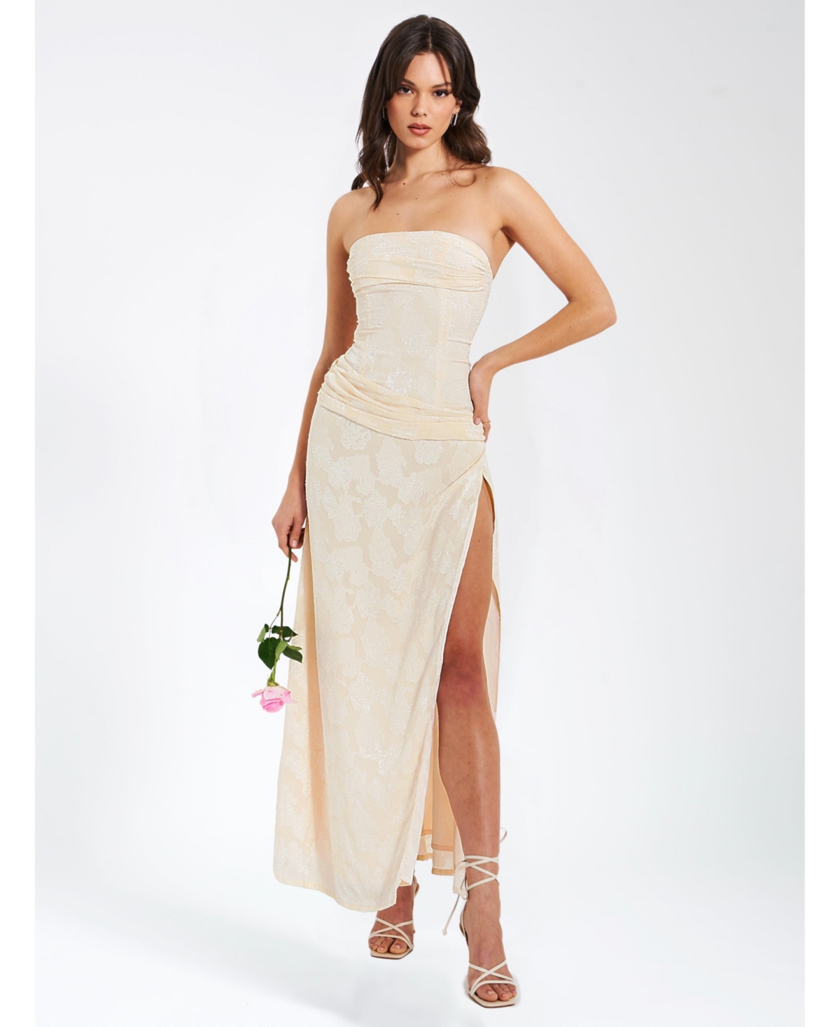 Women's Xatia Off White Jacquard Textured High Slit Maxi Dress - Beige