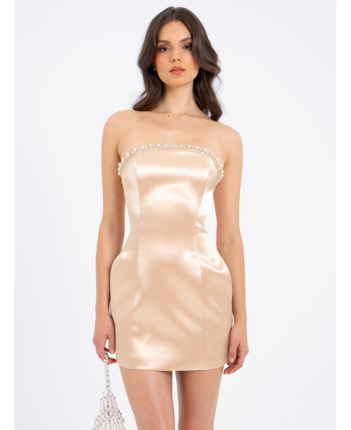 Women's Paisley Pearl Trim Gold Sleeveless Mini Dress - Gold