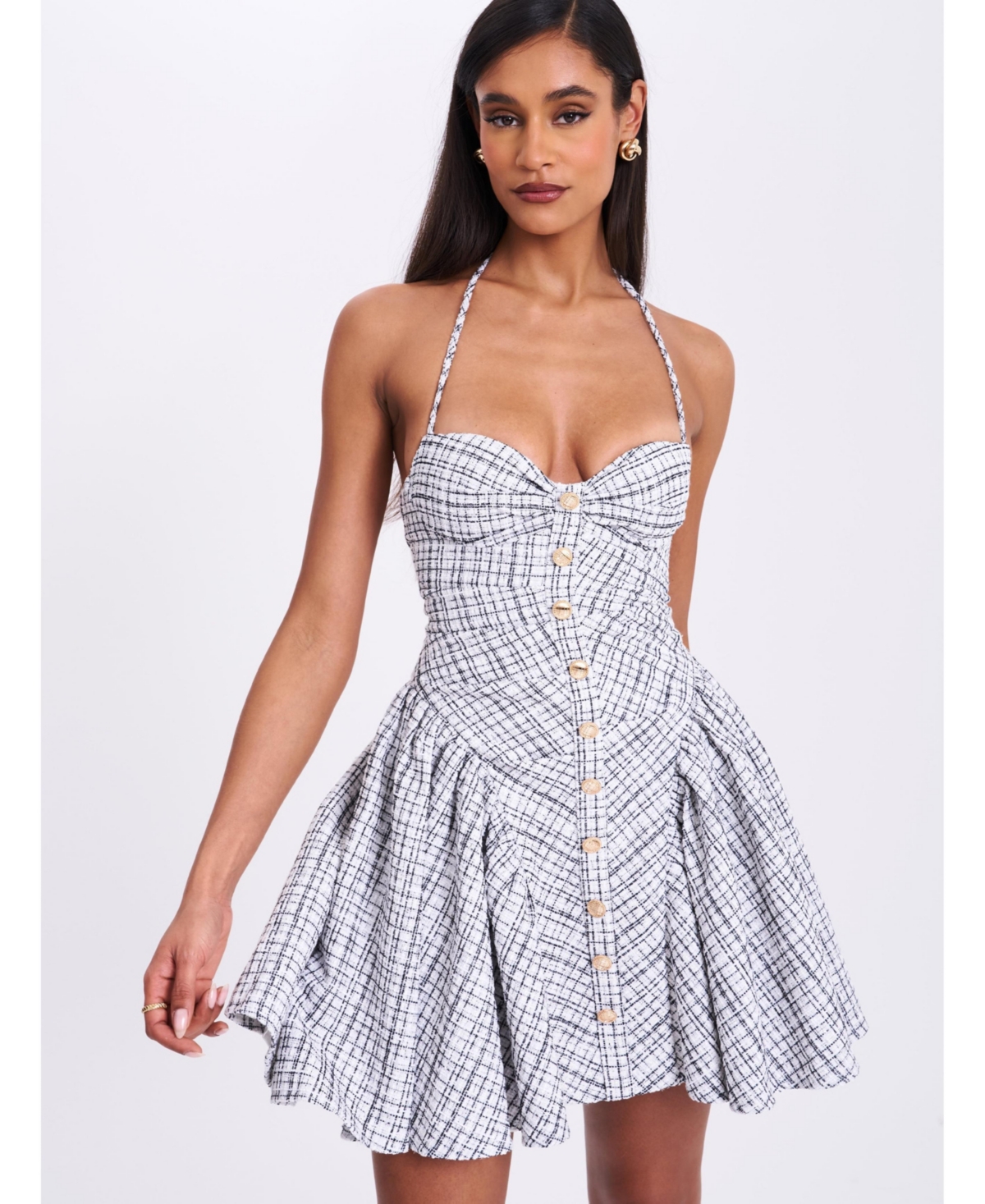 Women's Melody Black and White Plaid Tweed Halter Drop Waist Mini Dress - White