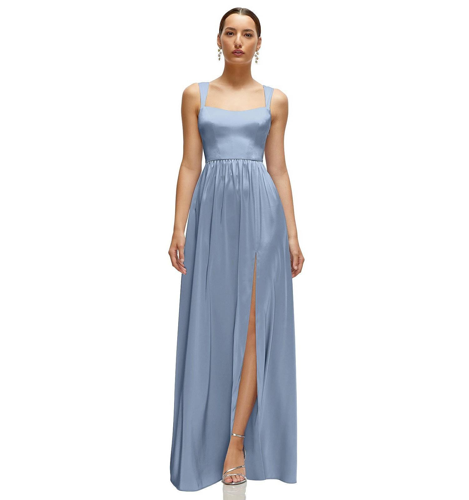 Women's Shaped Strap Portrait Neckline Fluid Satin Maxi Dress with Full Skirt