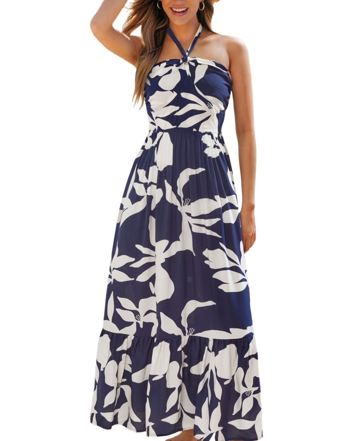 Women's Halter Floral Print Maxi Beach Dress - Dark blue
