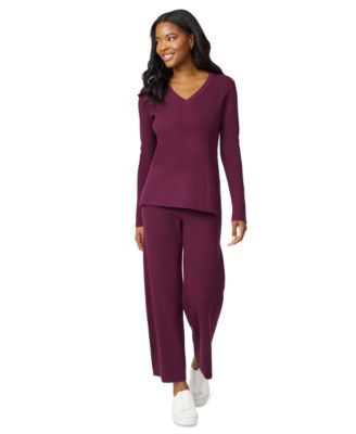 Petite Ribbed-Knit V-Neck Tunic & Pant Sweater Set