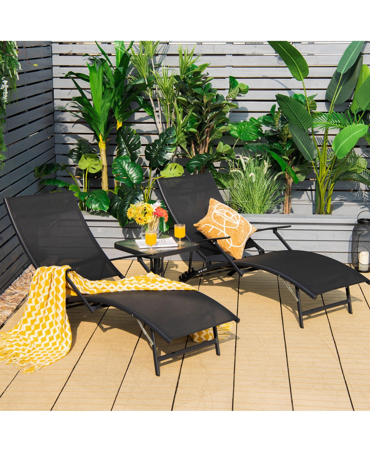 Gymax Set of 2 Foldable Patio Chaise Lounge w/ 5-level Backrest Outdoor Recliner Chair