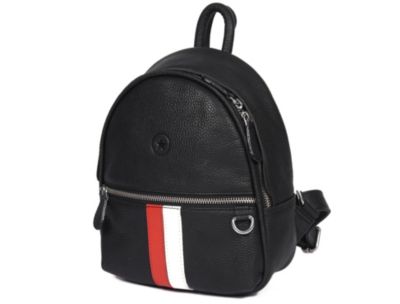 Pebbled Leather Mini Backpack with Red and White Racing Stripe, Front Zipper Pocket, Adjustable Shoulder Straps, and Compact Interior – Stylish Hands-Free Everyday Bag for Women or Teens