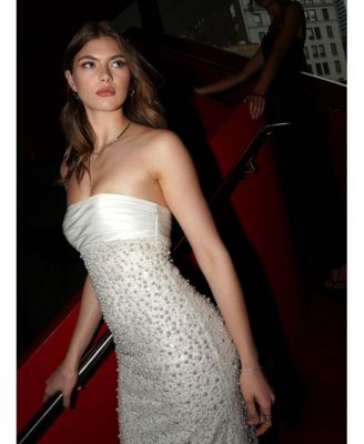 Women's Lainey White Satin Sequin Pearls Beaded Maxi Dress