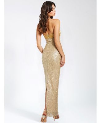 Women's Lainey Gold Satin Sequin Pearls Beaded Maxi Dress