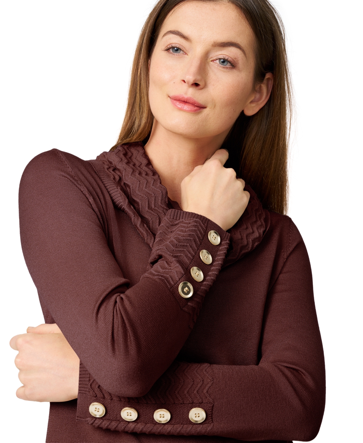 Melissa Paige Women's Petite Chevron-trimmed Cowl-neck Sweater In Brown