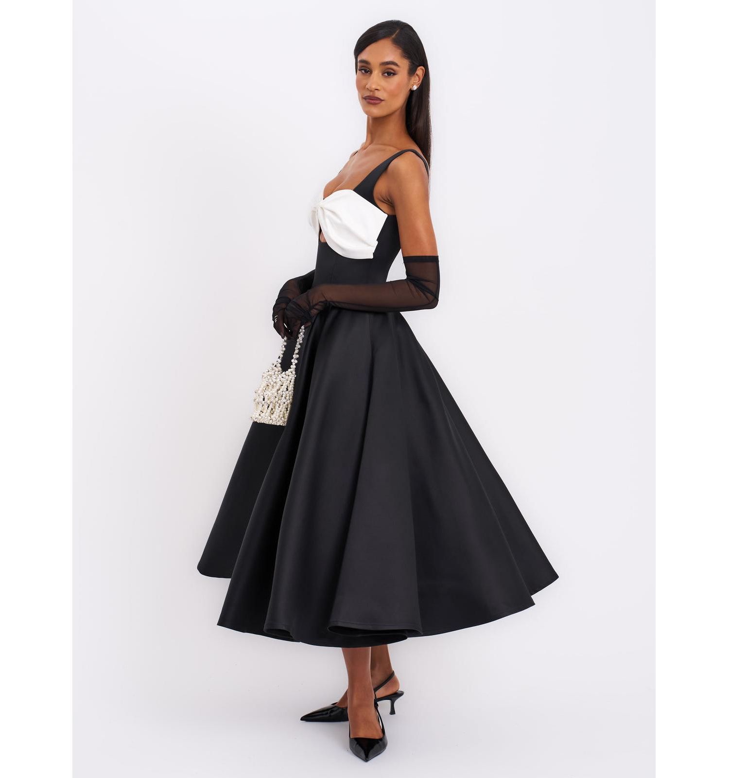 Women's Edda Black Maxi Gown with White Bow