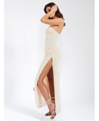 Women's Xatia Off White Jacquard Textured High Slit Maxi Dress