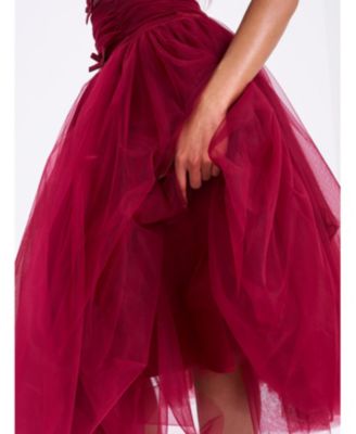 Women's Mabel Burgundy Drop Waist Layered Mesh Midi Puffy Dress with Bow