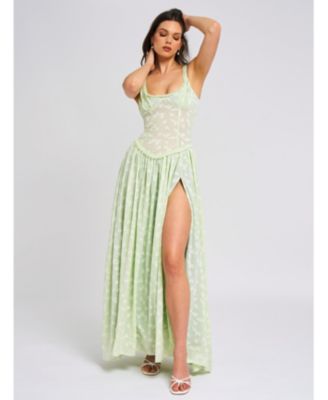 Women's Ulissa Light Green Square Neck Jacquard Textured High Slit Maxi Dress