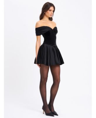 Women's Echo Black Velvet Off-shoulder Pleated Mini Dress