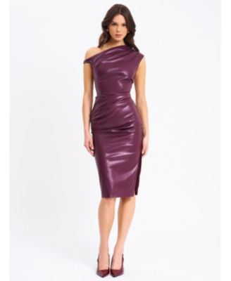 Women's Sabina Purple Leather Slash Neck Midi Dress